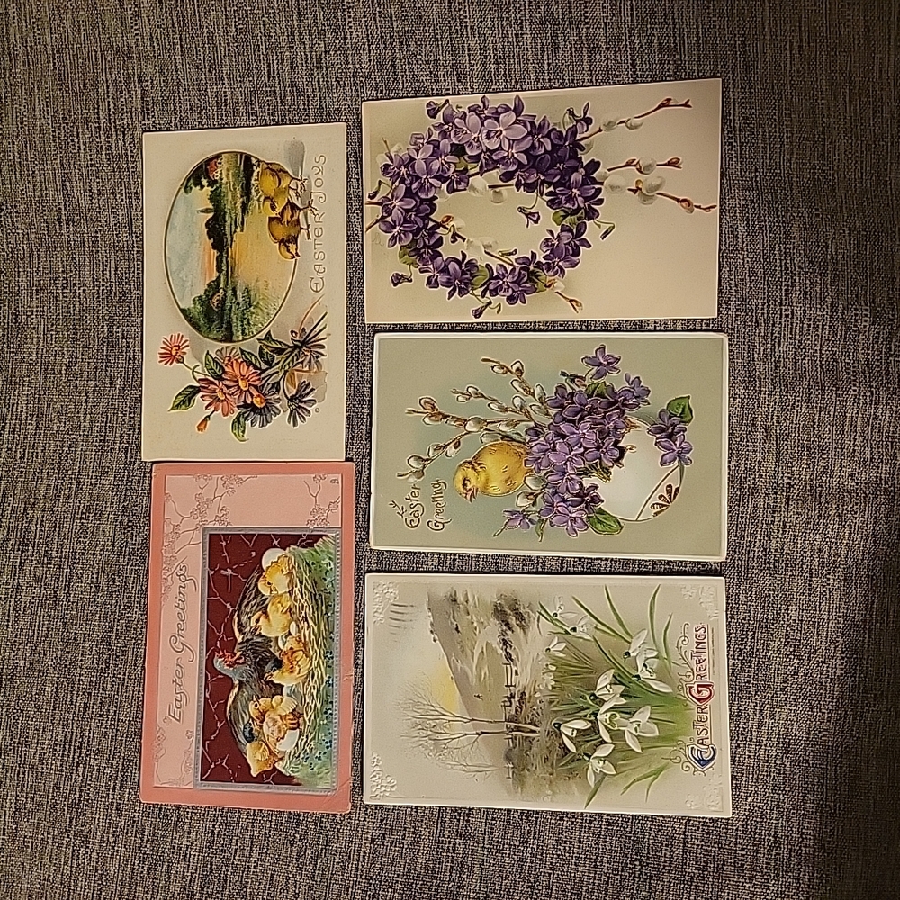 5 Easter Antique Postcards Hen Chicks Flowers Scene Tucks Emb. Posted NH MA 1908